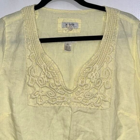 Yellow Linen Tunic Dress With Crochet Neck Detail By Malvin Size XL - Picture 2 of 8